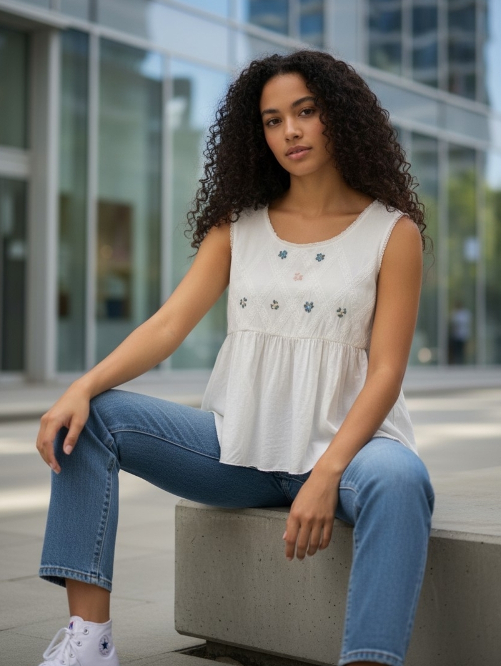 Vintage | Floral stitch empire top